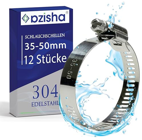AZISHA Schlauchschellen 35-50mm 12 Stück - 304 Rostfrei Schlauchschelle Edelstahl - Einstellbare W4 Schellen, Schlauchklemme Fur Pool, Garten, Gas, Wasser, Schlauchschelle Waschmaschine