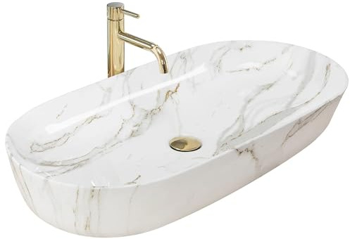 Rea - Lavabo Da Appoggio Cleo 81 Lavandino Bagno Aiax Lucido 810 X 410 X 135 mm Ceramica (Bianco, Simil Marmo)