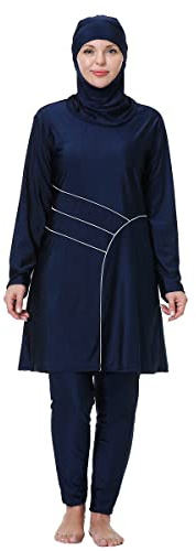 IWEMEK Burkini Damen Muslim Große Größen 3tlg Set Rash Guard Langarm Ganzkörper Schwimmanzug Schwimmkleid + Schwimmhose + Hijab Badeanzug Islamische Schwimmkleidung UV Schutz Marineblau 02 3XL