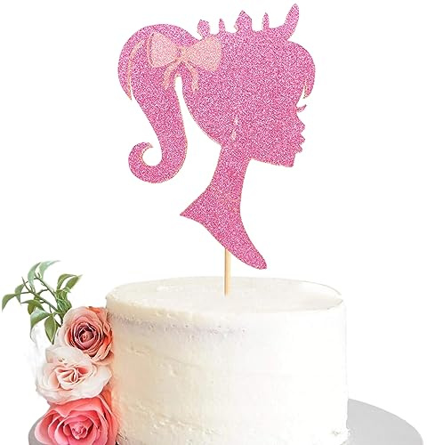 Arthsdite 1Pc Pink Girl Cake Topper Princess Baby Shower Bow Tie Cake Picks Decorations for Bridal Shower Girls Birthday Wedding Engagement Party Supplies