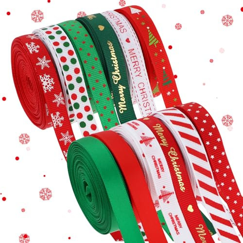 Bewudy 12 Rollen Schleifenband Weihnachten, 10mm Geschenkband Weihnachten, Weihnachten Deko Schleifenband Weihnachtsbaum Dekoband Schneeflocke Elch Bänder für Geschenk Dekoration (45m/Rollen)