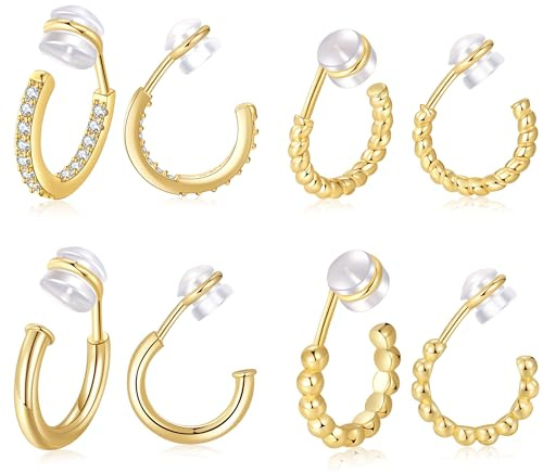PLOMFOV 4Pairs Clip On Hoop Earrings for Women 14K Gold Plated Non Pierced Earrings Gold Clip On Hoops Small No Piercing Fake Hoop Earrings 14mm