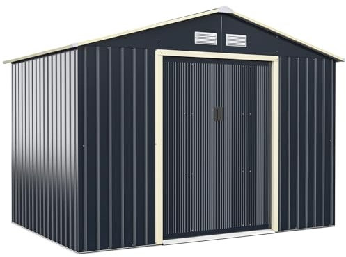 TANGZON Metal Garden Shed with Extension Kit, Galvanized Roof Tool Storage House, Lockable Doors & 4 Vents, Outdoor All-Weather Bike Shed (9x6FT)