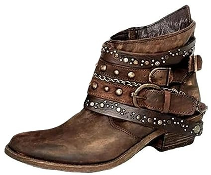 D Schuhe Damen Stiefel Mädchen Kurz Bootie Cowboy Motorrad Lederschuhe Stiefeletten Anglerhose Mit Größe 44 (Brown, 38)