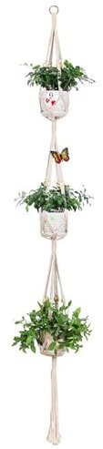 SDAFSV Macrame Plant Hanger Cotton Linen 3 Tier Plant Holder Hangers Flowerpot Holder Bohemian Hanging Planters Plant Net Pocket Hand Woven Hanging Basket Holder For Indoor And Outdoor