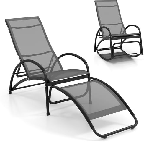 COSTWAY Garden Sun Lounger, 2-in-1 Convertible Outdoor Lounge Chair Relax Rocking Chair with 4-Level Adjustable Backrest, Aluminum Frame Patio Recliner Chair Seat for Deck, Yard and Poolside (Grey)