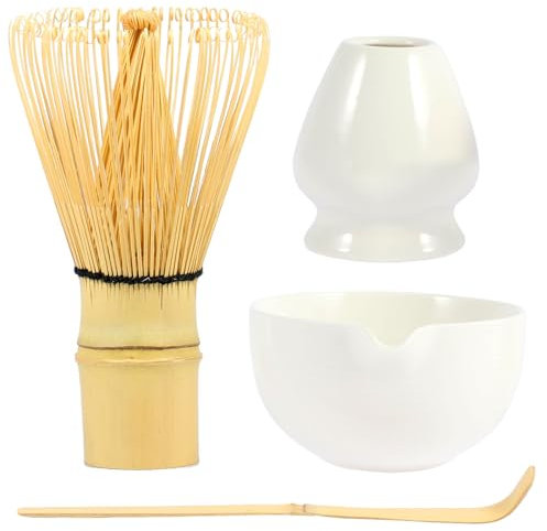 4Pcs Matcha Whisk Set, Matcha Tea Set with Whisk and Bowl, Matcha Spoon, Whisk Holder, 500ml Ceramic Bowl with Pouring Spout, Handmade Matcha Making Kit for Tea Drinking(White)