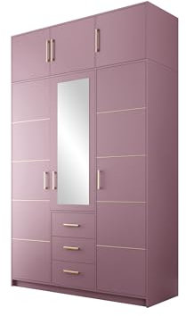 Mirjan24 Drehtürenschrank Bado 3D II, Kleiderschrank mit Spiegel, 3 Schubladen, Spiegeltüren, Kleiderstangen, Elegantes Garderobenschrank, Schlafzimmerschrank (Pflaume + Gold, mit Schrankaufsatz)
