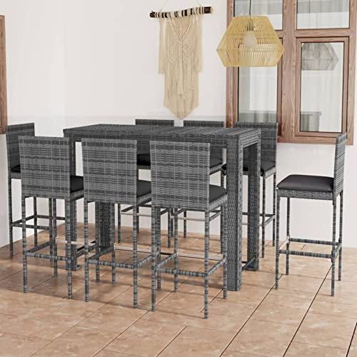 Sufrk 9-TLG. Garten-Bar-Set Stehtisch Outdoor Bartisch-Set Bar MöBel Bar Outdoor Theke Garten Theke Bar mit Anthrazit Kissen Poly Rattan