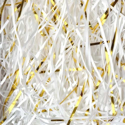 HXJDAM 300g Papier Déchiqueté Blanc et Or, Rafia Frisure Pour Emballage, Papier Dechire Pour Colis, Remplissage Boite Cadeau