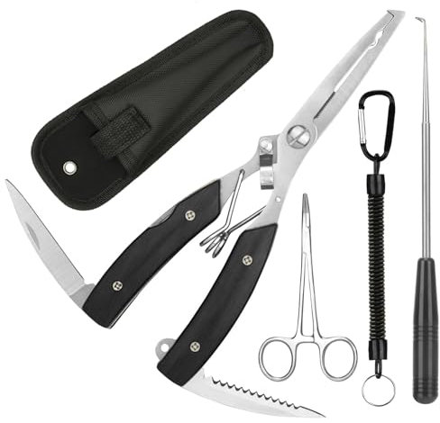 Annyswit 3 Pcs Ensemble de Pince à Pêche Portable avec Lanière & Forceps Courbés & Outil de Désinsertion & Étui Outils Multi Fonction Pince de Pêche Retire-Hameçons Coupe-Ligne (Noir)