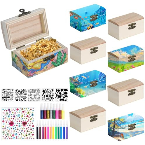 NTGRTY 9 Stücke Mini Schatztruhe,DIY Kleine Holzkiste mit Deckel,kleine Holz-Schatzkisten Schatzkiste Kindergeburtstag mit Diamantaufkleber für Bemalen und Basteln Piratenparty Geburtstags (9 Stücke)