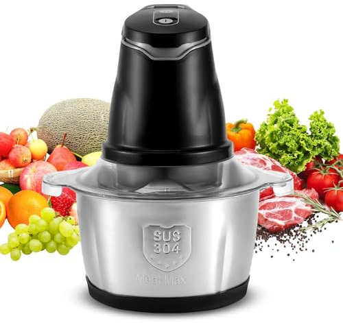 Elektrischer Fleischwolf mit 4 scharfen Klingen und 2L Edelstahlschüssel, Elektrischer Fleischwolf mit 2 Geschwindigkeitsstufen für Fleisch Zwiebeln Gemüse Knoblauch Babynahrung