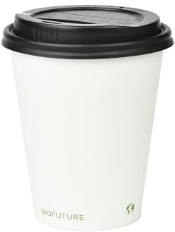 BIOFUTURE Lot de 50 tasses à café biodégradables – Gobelets en carton jetables avec couvercles – Fabriqués à partir de PLA et de CPLA de qualité supérieure, design respectueux de l'environnement et