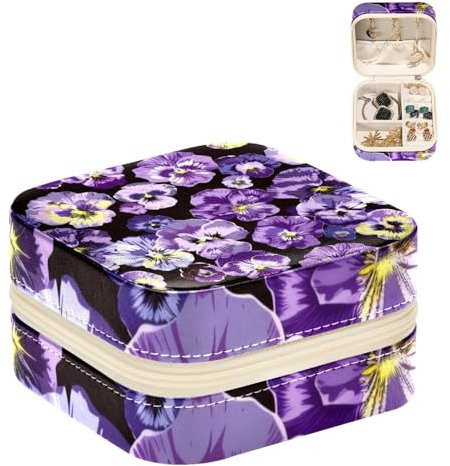Eslifey Tragbare Mini-Schmuckschatulle für Reisen, Stiefmütterchen, Blumen, Totenkopf-Muster, kleines Schmuckkästchen für Damen, Leder-Ring-Organizer