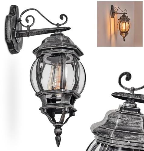 HOFSTEIN Außenwandleuchte Lentua, Außenwandlampe aus Metall/Kunststoff in Schwarz/Silber/Klar, Wandleuchte außen im Vintage/Antik/Landhaus-Design, Garten, Hof, Außenbereich, Haustür, E27, IP44