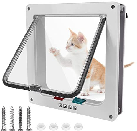 4-Way Locking Large Cat Flap with Tunnel for Wooden, Glass and UPVC Doors - Weatherproof Pet Door (White, L)