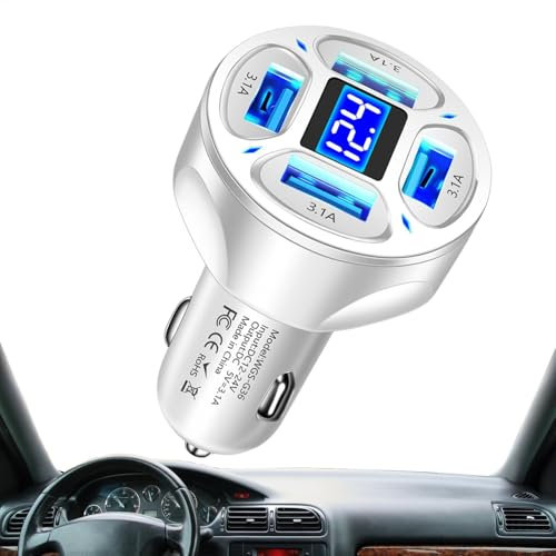 Cargador de coche rápido - 4 en 1 Cargador de coche Super Fast, con 4 puertos USB, pantalla digital LED de cargador de alta velocidad 3.1A para el teléfono móvil