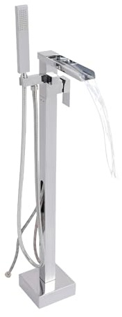 Freistehende Badewannenarmatur aus Stahl und Kupfer mit Handbrause, 360° Drehbares Badewanne Standarmatur mit 80cm Schlauch, Stehend Warm und Kaltwasser Mischbatterie Badewannenhahn (Silber)