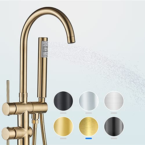 Freestanding Bathtub Faucet Floor Mount Tub Filler Brushed Gold High Flow Shower Faucets with Handheld Shower Mixer Taps Swivel Spout