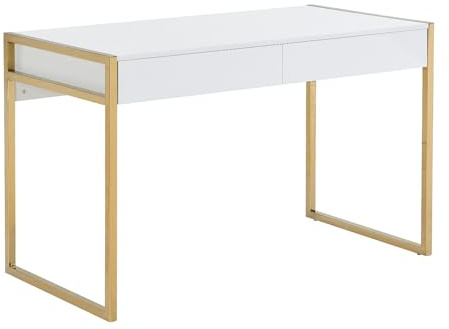 Vente-unique - Bureau avec 2 tiroirs - MDF laqué et métal - Blanc et doré - Mason II - avec Rangement