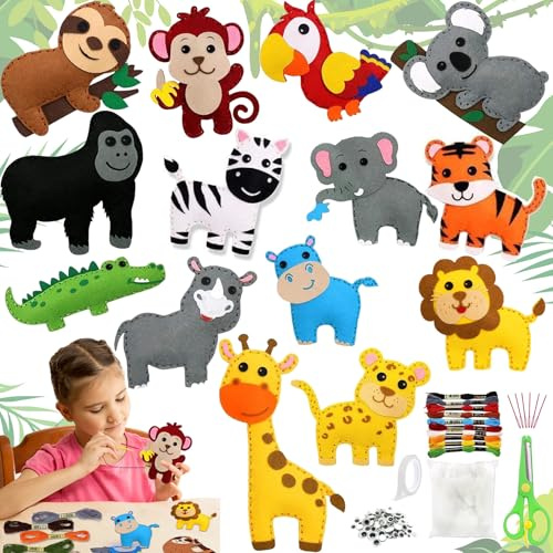 TZEKING 14 Stück Nähset für Kinder,Animals Sewing Kit,Tiere Nähen Bastelset,Nähset Kinder Tierformen,Filztiere Nähspass,Tierformen Filz Bastelset ab 6 jahre,Pädagogisches Set für Anfänger