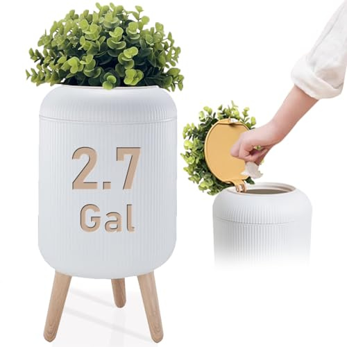 Yatmung Bathroom Trash Can with Lid - Small Bathroom Garbage Can - Bedroom, Office, Living Room, Entryways - Disguised Decorative Trash Bin (Faux Plant) - Plastic Hidden Waste Basket - 2.7 Gal, White