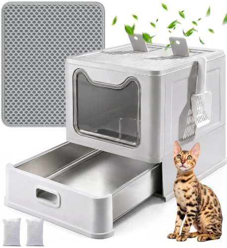 LEEJARD Caja de arena para gatos de acero inoxidable con tapa y cajón, caja de arena XXL cerrada para gatos grandes, incluye alfombrilla de arena y pala