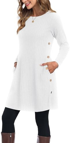 GRECERELLE Womens Winter Jumper Dresses Ladies Fall Casual Crew Neck Tunic Knitted Long Sleeve Dress with Pockets Side Buttons (White, L)