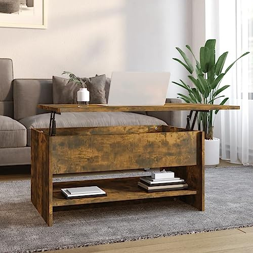 Mesa de Centro, Material Madera Contrachapada, Diseño Moderno con Almacenamiento Oculto, Tablero Ajustable, Mesa Auxiliar Sofá, Coffee Table, para Salón o Habitación, Color Roble Ahumado, 80x50x40 cm