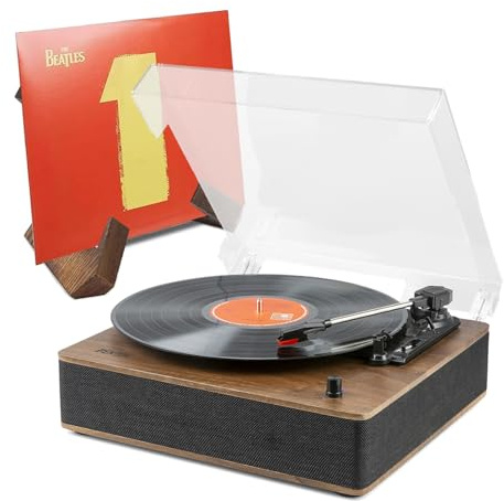 Fenton RP161 Walnut Record Player with Bluetooth & Retro Wooden Vinyl Record Sleeve Holder Display Stand, 3-Speed Turntable with Built-In Speakers, RCA Output & Dust Cover Included