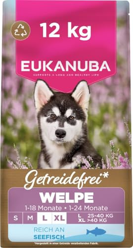 Eukanuba Welpenfutter getreidefrei mit Fisch für große Rassen, Premium Trockenfutter ohne Getreide für Junior Hunde, 12 kg