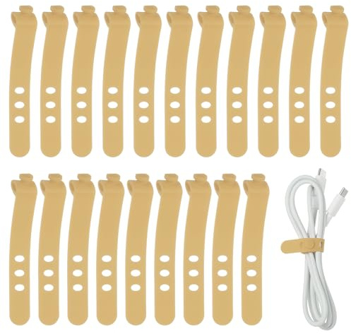 sourcing map 20Pcs Silicone Cable Ties, 3 Hole Reusable Rubber Cord Tie Adjustable Elastic Cord Wraps with Locking Buckle, Multi Purpose Cable Strap for Home Office Travel Wires, Gold