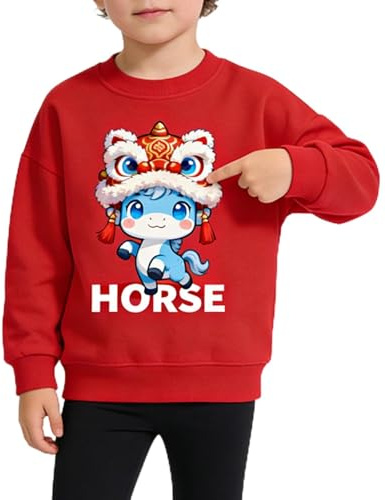 Momkonzz Chinese New Year 2026 Boys Sweatshirts for Kids Year of The Horse Sweater Toddler Spring Festival Pullover Red 4 Years