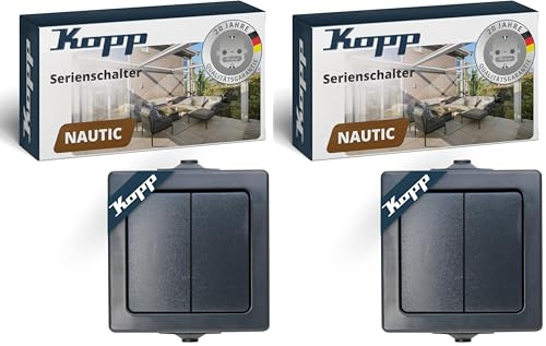 Kopp NAUTIC Serienschalter in Anthrazit - Hochwertiger Doppel-Lichtschalter mit 10AX Schaltvermögen - IP44 Schalter-Aufputz mit Wippe & Steckklemmen - Stilvoller Doppelschalter 250V~ (Packung mit 2)