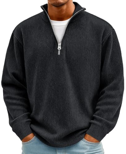 Pull Homme en Velours Côtelé Sweat Homme à 1/4 Zippée Décontractée Sweatshirts à Col Montant et Manches Longues Uni