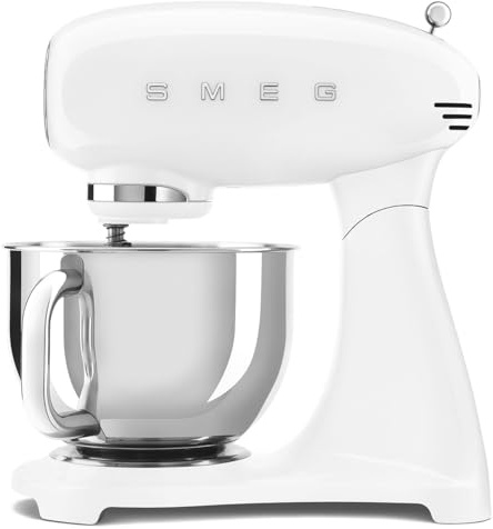 Smeg Stand Mixer In White, 4.8L Stainless Steel Bowl, 1000W, Safety Auto Cut Off, SMF05WHUK