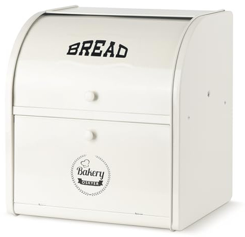 Esilihom 2-Layer Bread Bin, Large Bread Bins for Kitchen, Cream White | Storage Box with Roll Top, Metal Storage Container for Loaves, Pastries, Cookies, 30 x 24.5 x 32.5cm