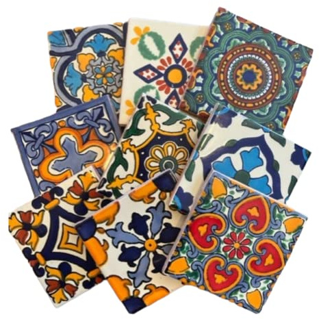 9 Mixed Designs (NO Stickers) Real Ceramic A1 Quality Talavera Mexican Tile 4x4  Sampler