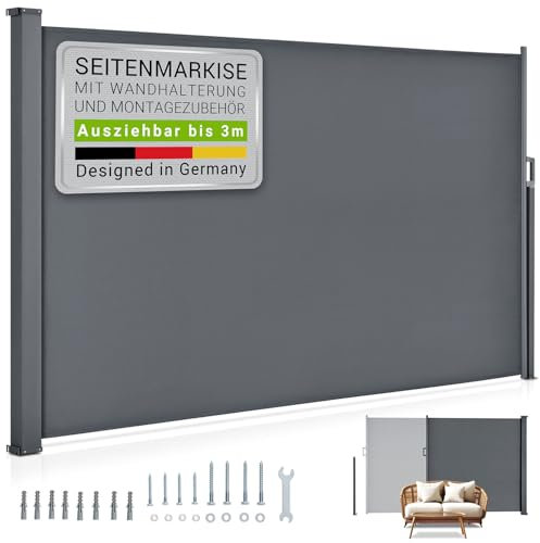 Juskys Seitenmarkise Dubai 200 x 300 cm ausziehbar Blickdicht, Sichtschutz für Balkon & Terrasse, Seitenrollo mit Wandhalterung - grau