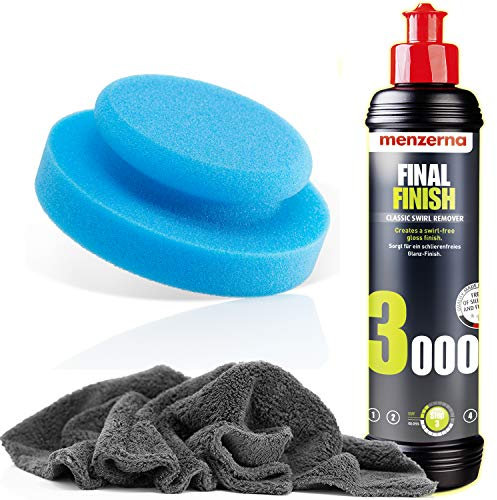 detailmate Set di finitura manuale per auto con Menzerna Final Finish 250ml + spugna per lucidatura realizzata in Germania Ø130mm + panno in microfibra ultra soffice da 550 GSM + 1 guanto protettivo