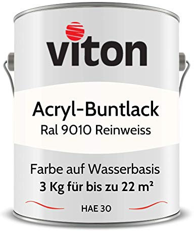 Viton Buntlack 3 kg Weiss - Seidenmatt - Wetterfest für Außen und Innen - 3in1 Grundierung & Lack - HAE 30 - Nachhaltige Farbe auf Wasserbasis für Holz, Metall & Stein - RAL 9010 Reinweiss