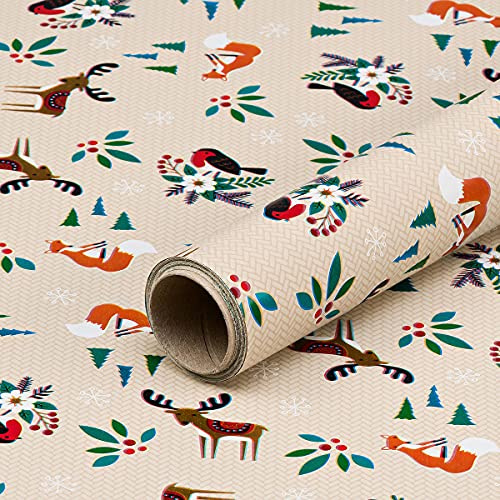 Natürlich verpacken Weihnachtspapier Waldtiere, beigefarbenes Geschenkpapier, glatt, Rolle 0,7 x 10 m