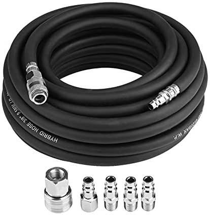 Ejoyous Tubo Aria Compressa 15m, Tubo per Aria Compressa in Gomma con Attacco Rapido da 1/4 Prolunga Tubo compressore Kit Tubo dell' Aria Pneumatico 900Psi per Pesi Leggeri impieghi gravosi