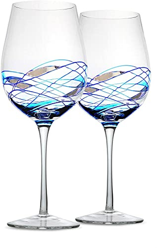 Bezrat Wine Glasses Hand Painted - Set of 2 - Women Wine Gift - Wine Lover Glass - Beautiful Glassware Gifts Ideas for Women Inspired by 'Duomo di Milano' Mothers Day - 12 oz (Blue)