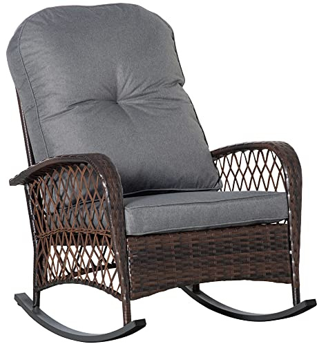 Outsunny Poly Rattan Schaukelstuhl Outdoor Braun 75 x 98 x 91 cm | mit Kissen, Gartenstuhl, Loungemöbel, Gartenmöbel, Terrassenmöbel