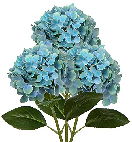 Oairse Lot de 3 hortensias artificiels décoratifs bleus fausses fleurs avec tige de 63 cm de long toucher réel soie hortensia pour maison hôtel bureau mariage décorations de mariée arrangements