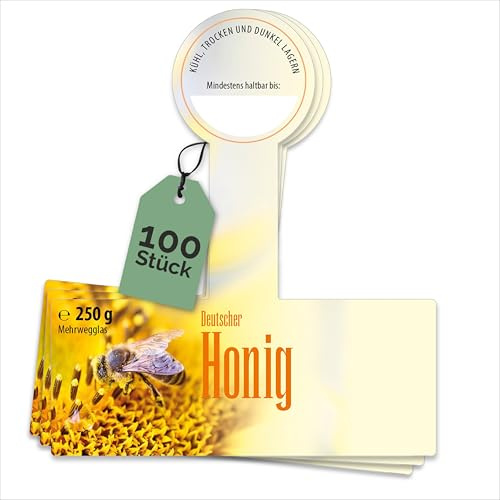 Apoidea – Honig Etiketten 250 g mit Gewährverschluss nassklebend – 100 Stück zum Stempeln/Etiketten Honiggläser/Honig Aufkleber für selbstgemachten Honig/Honigetiketten für Honiggläser