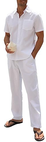 SIENDIU Ensemble 2 pièces en lin pour homme - Vêtements de plage et de mariage - Chemises boutonnées décontractées - Pantalon de yoga - Costume d'été assorti
