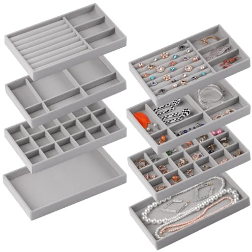 CDBOVID Set mit 8 stapelbaren Schmuck-Organizern, stapelbare Tabletts für Schubladen, Schmuck-Schubladeneinsätze, Behälter, Vitrine, Aufbewahrung für Ohrringe, Halsketten, Ringe, Armbänder, mit